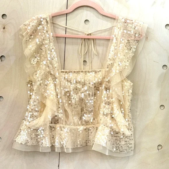 ANTHROPOLOGIE Sequin Ruffled Tank Size M Buttery Cream Party Blouse MSRP $98 - Picture 3 of 10